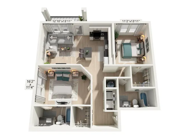 Floor plan map for a two bedroom unit at Marlowe Ridgeview Apartments in Davenport, Florida, with room dimensions.