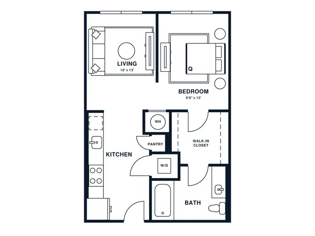 Floor plan map for a studio apartment at Flats at General Times in Athens, GA, featuring labeled rooms with dimensions.