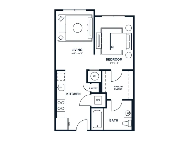 Floor plan map for a studio apartment at Flats at General Times in Athens, GA, featuring labeled rooms with dimensions.