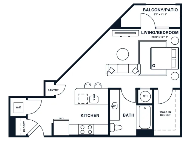 Floor plan map for a studio apartment at Flats at General Times in Athens, GA, featuring labeled rooms with dimensions.