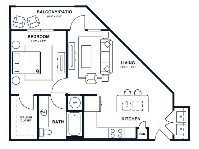Floor plan map for a one bedroom apartment at Flats at General Times in Athens, GA, featuring labeled rooms with dimensions.