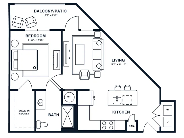 Floor plan map for a one bedroom apartment at Flats at General Times in Athens, GA, featuring labeled rooms with dimensions.