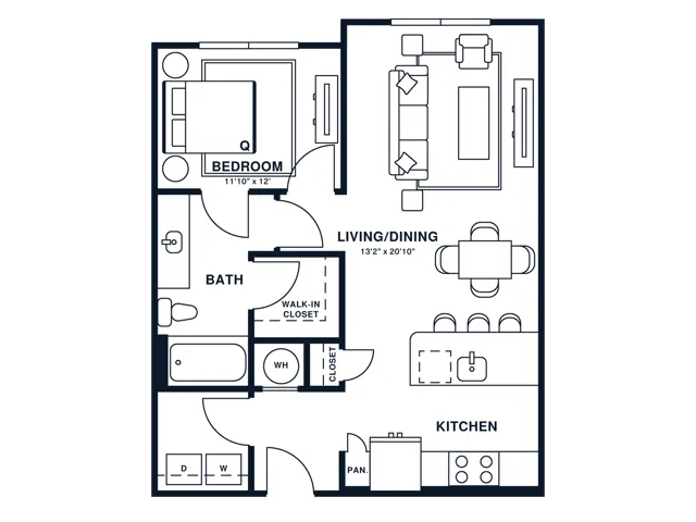 Floor plan map for a one bedroom apartment at Flats at General Times in Athens, GA, featuring labeled rooms with dimensions.