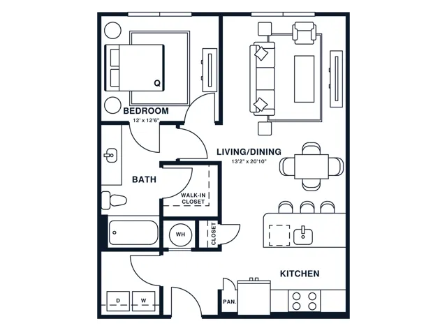 Floor plan map for a one bedroom apartment at Flats at General Times in Athens, GA, featuring labeled rooms with dimensions.