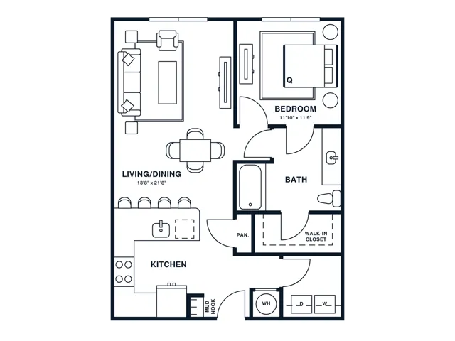 Floor plan map for a one bedroom apartment at Flats at General Times in Athens, GA, featuring labeled rooms with dimensions.