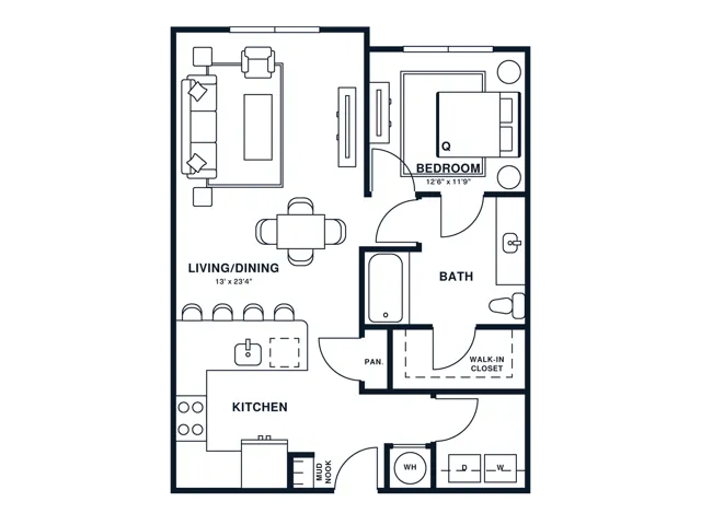 Floor plan map for a one bedroom apartment at Flats at General Times in Athens, GA, featuring labeled rooms with dimensions.