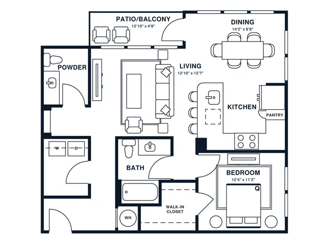 Floor plan map for a one bedroom apartment at Flats at General Times in Athens, GA, featuring labeled rooms with dimensions.