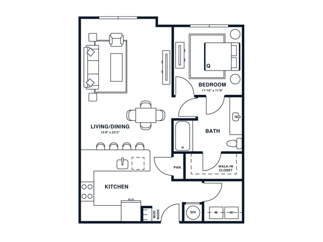 Floor plan map for a one bedroom apartment at Flats at General Times in Athens, GA, featuring labeled rooms with dimensions.