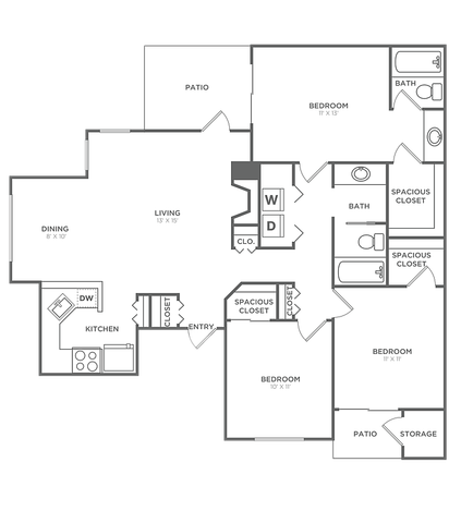 Three Bedroom Two Bath (1205 SF)