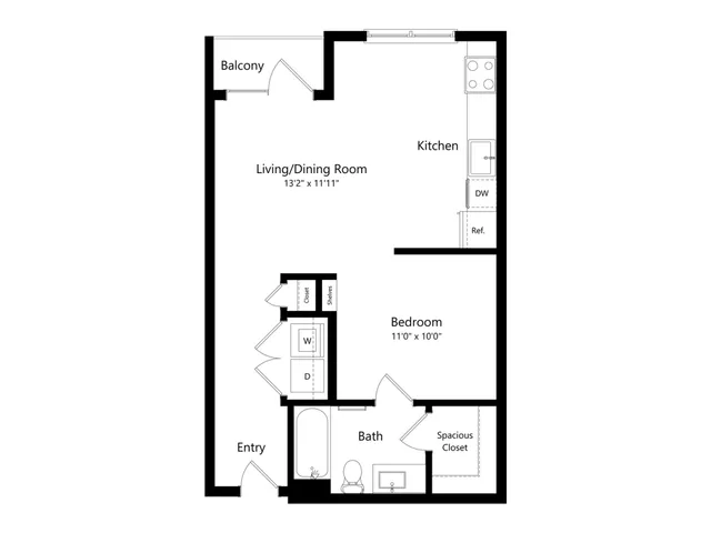 Modern floor plan with a cozy 1-bedroom, open living/dining area, and kitchen, featuring a balcony and spacious closet.