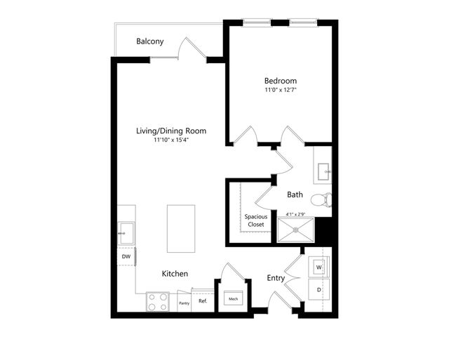 Modern floor plan featuring 1 bedroom, spacious living/dining room, sleek kitchen, balcony, and ample storage.
