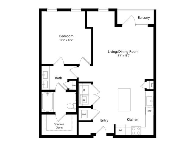 Sleek floor plan highlighting 1 bedroom, an open-concept living and dining area, modern kitchen, and a private balcony. Includes a spacious closet, bathroom, and convenient laundry space.