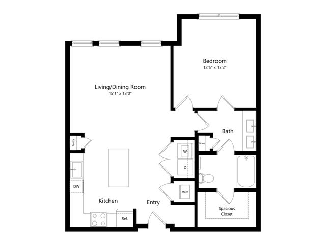 Modern floor plan showcasing 1 bedroom, open living/dining area, sleek kitchen, and a spacious closet.