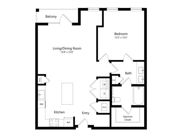 Contemporary floor plan showcasing a spacious 1-bedroom apartment with a large living/dining area, modern kitchen, and private balcony.