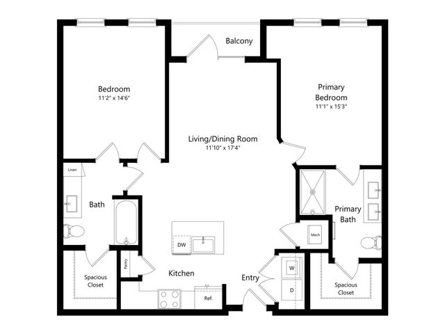 Modern apartment floor plan featuring 2 spacious bedrooms, an open-concept living and dining area, gourmet kitchen, private balcony, and ample storage space.