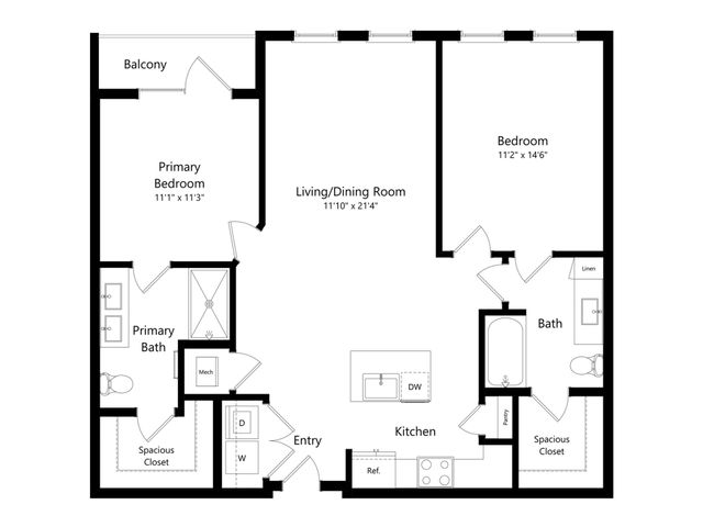 Modern floor plan with 2 bedrooms, an expansive living/dining room, stylish kitchen, and balcony for ultimate comfort.