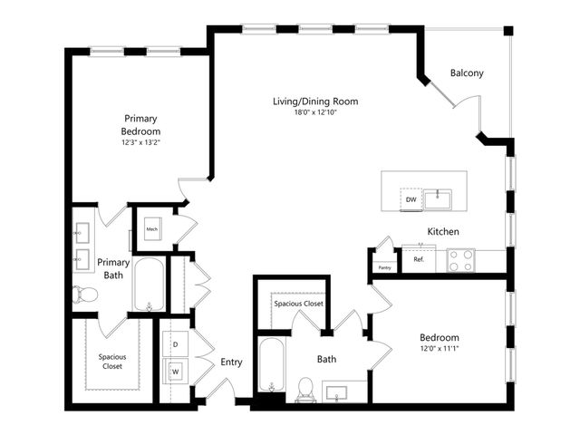 Modern floor plan showcasing a spacious 2-bedroom apartment, featuring an open living/dining area, sleek kitchen, primary suite, additional bath, and a private balcony.