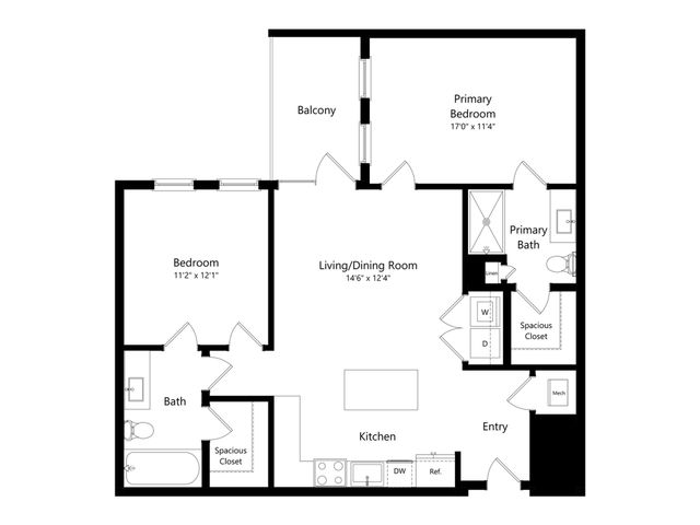 Modern floor plan featuring a 2-bedroom layout with open living and dining area, primary bedroom with en-suite bath, and a balcony.