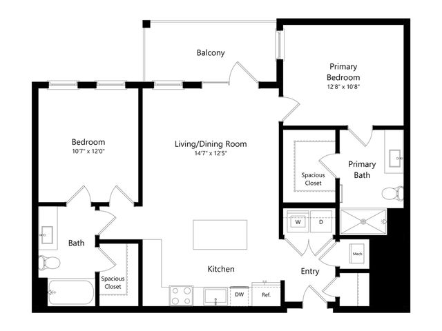 Charming floor plan showcasing 2 bedrooms, spacious living/dining area, modern kitchen, 2 baths, and a delightful balcony.