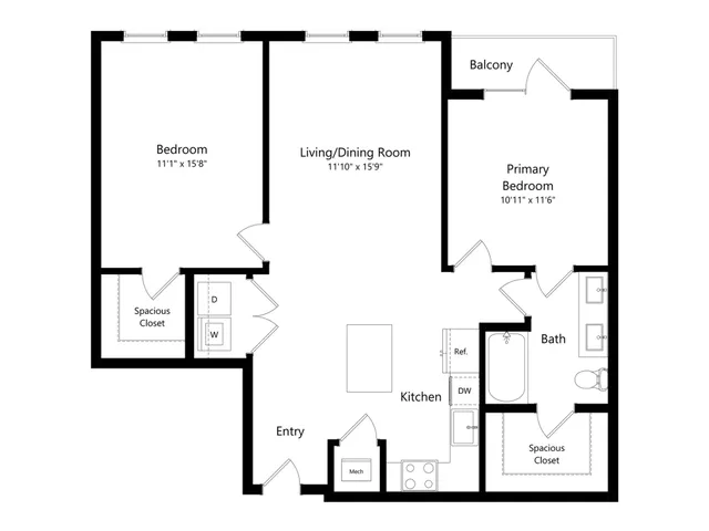 Modern floor plan featuring 2 bedrooms, a bright living/dining area, and a sleek kitchen with balcony access.