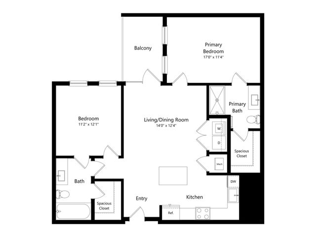 Modern floor plan featuring 2 bedrooms, spacious kitchen, and living/dining area with a balcony.