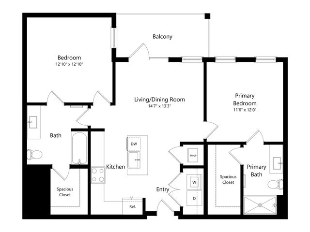 Modern floor plan showcasing 2 spacious bedrooms, open-concept living/dining area, and private balcony.