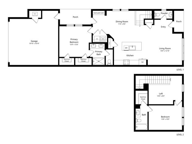 Modern dual-level floor plan showcasing a primary bedroom, spacious closets, open-concept kitchen and living room, and a cozy loft area.