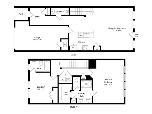 Modern two-level floor plan featuring a spacious living/dining room, stylish kitchen, two cozy bedrooms, and convenient garage space.