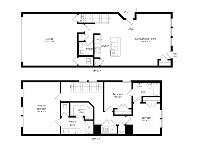 Modern two-level floor plan featuring a spacious garage, open-concept living and dining area, and kitchen on the first level. Upstairs includes a primary bedroom with en-suite bath and large closet, two additional bedrooms, and a second bath for comfortable living.