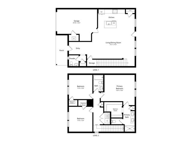 Modern two-story floor plan showcasing three bedrooms on the upper level, an expansive open-concept living and dining area, and a stylish kitchen on the main floor.