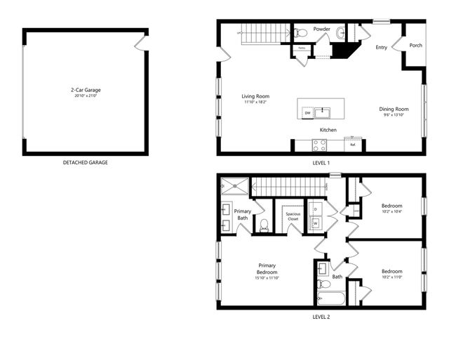 Modern townhouse floor plan featuring two levels, with three bedrooms, open-concept living and dining areas, and a detached 2-car garage.