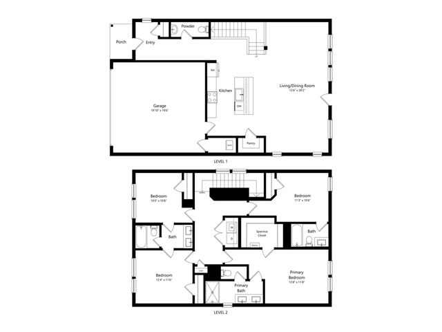 Elegant floor plan showcasing two levels with a spacious garage, open-concept kitchen and living area on the first level, and three bedrooms with two baths on the second level.