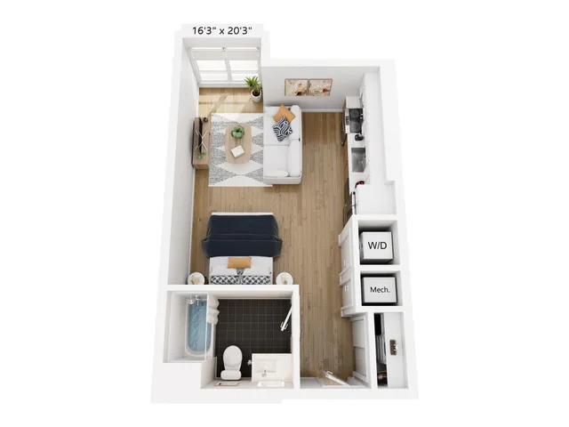Chic open-concept studio floor plan with cozy living area, modern kitchen, and elegant full bathroom. Features include in-unit washer and dryer, ample natural light, and sleek wood flooring.