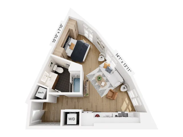 Modern triangular apartment floor plan featuring a cozy bedroom, stylish living area with natural light, compact kitchen, and a well-designed bathroom.