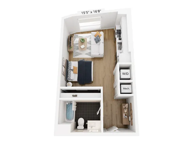 Chic studio floor plan featuring an open living area with cozy sleeping space, compact kitchen, modern bathroom, and in-unit washer/dryer.