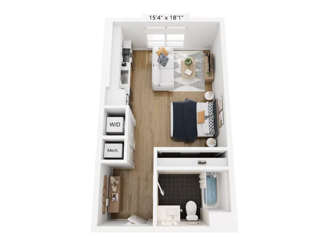 Modern studio apartment floor plan showcasing an open concept with a cozy living area, functional kitchen, and stylish bedroom.
