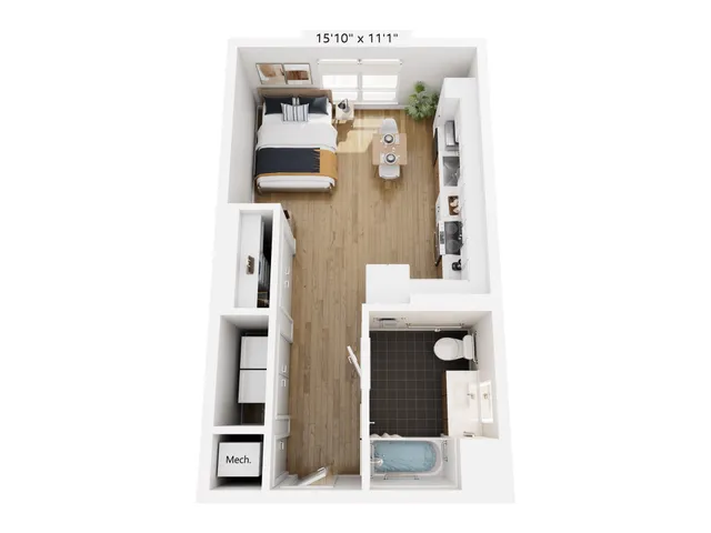 Chic studio apartment floor plan with a cozy bedroom, modern kitchen, dining area, and elegant bathroom.
