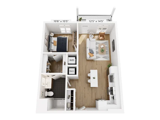 Modern apartment floor plan featuring 1 bedroom, an open living and dining area, stylish kitchen, and private balcony.