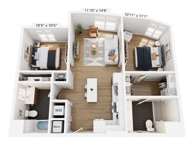Modern 3D floor plan featuring 2 cozy bedrooms, open living space, sleek kitchen with island, and contemporary bathrooms.