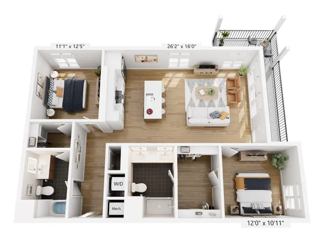 Modern open-concept floor plan showcasing 2 bedrooms, spacious living area, sleek kitchen, and private balcony. Perfect blend of style and functionality.