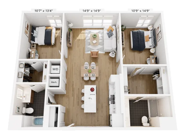 Inviting 3D floor plan featuring two spacious bedrooms, elegant open-concept living and dining area, modern kitchen with island, and two sleek bathrooms. Natural light brightens each room, creating a warm and welcoming atmosphere.