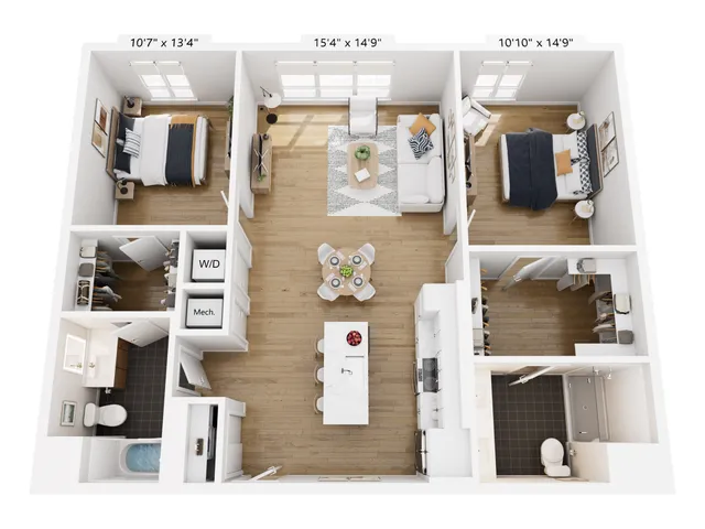 Modern open-concept floor plan showcasing 2 bedrooms, cozy living room, sleek kitchen with island, and 2 bathrooms.