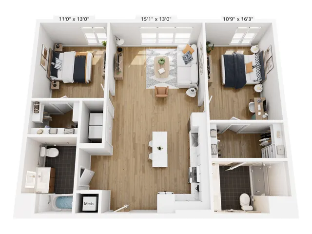 Modern 3D floor plan featuring two spacious bedrooms, a stylish open-concept living room, dining area, and kitchen, complete with two elegant bathrooms.