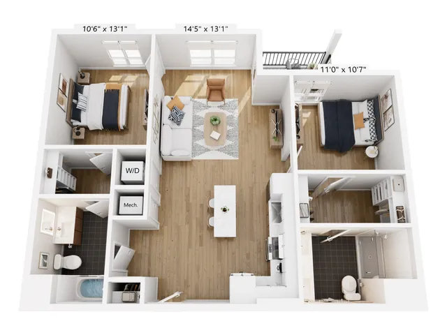 Modern 3D floor plan showcasing 2 spacious bedrooms, open-concept living and dining area, sleek kitchen, and two well-appointed bathrooms.