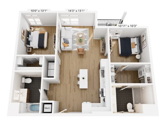 Chic 3D floor plan with 2 spacious bedrooms, stylish living area, modern kitchen, and two sleek bathrooms. Perfect for a contemporary lifestyle.