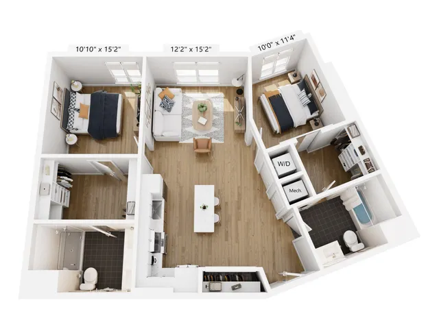 Modern 3D floor plan showcasing a spacious 2-bedroom apartment with an open living area, elegant kitchen island, and two stylish bathrooms.