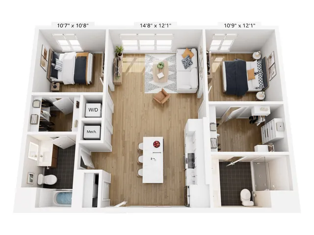 Modern 3D floor plan showcasing two spacious bedrooms, a sleek open-concept living area, and a contemporary kitchen with a central island.