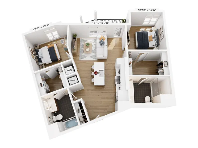 Spacious 3D floor plan featuring 3 bedrooms, modern open-concept living area, sleek kitchen, and elegant bathrooms.