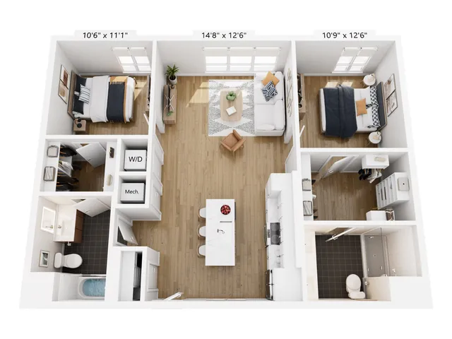 Chic open-concept floor plan with 2 spacious bedrooms, inviting living area, and modern kitchen, ideal for stylish living.