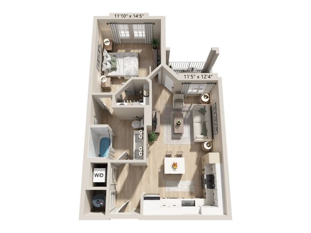 Chic 2-bedroom apartment floor plan with open-concept living and dining area, modern kitchen, balcony access, and in-unit laundry.